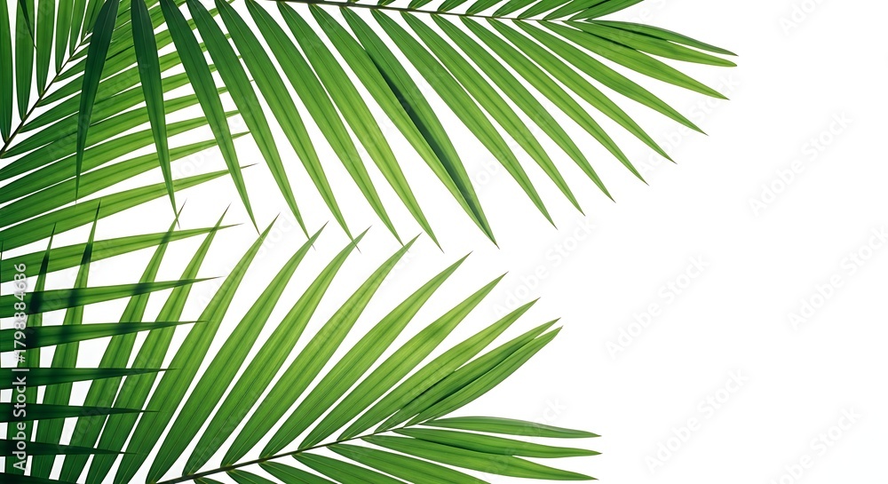 Obraz premium Vibrant Green Tropical Palm Leaves Creating a Natural Border Frame Against a Pure White Background Highlighting the Lush Foliage and Exotic Plant Life for Summer Design and Botanical Themes