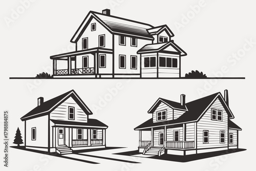 Black and white illustrations of traditional American suburban houses home residential