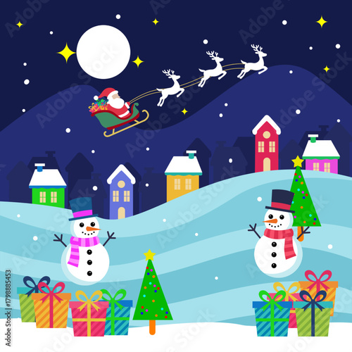 The magic of Christmas Eve, with Santa Claus flying in his sleigh, pulled by his beloved reindeer. A charming village and two cheerful snowmen stand beside a decorated Christmas tree and wrapped gifts