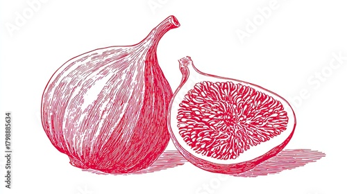 Whole and halved fig illustrated in bold red outlines with simplified form, inspired by traditional Chinese woodcut style on a clean white background