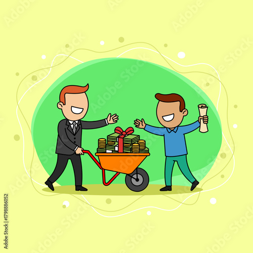 A successful businessman carrying a pile of cash using a wheelbarrow to pay off a debt to his best friend. Best friend concept to celebrate National Pay Back a Friend Day on October 17th