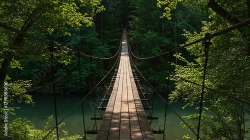 Wooden suspension bridge spanning a tranquil river, nestled within a lush green forest