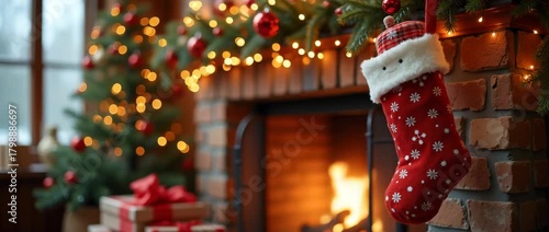 Cinematic close-up of a festive Christmas stocking gently swaying by a warm fireplace, with soft bokeh lights flickering in the background and a slow pan capturing holiday decorations.