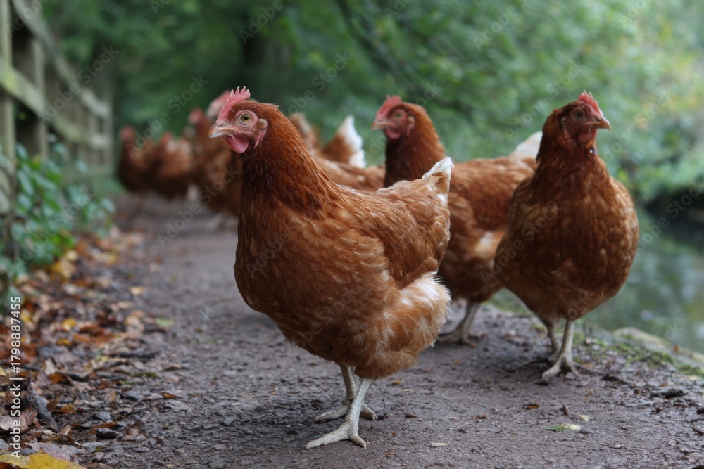Fototapeta premium Hens strolling along a wooded path near a river in a peaceful rural setting during the afternoon