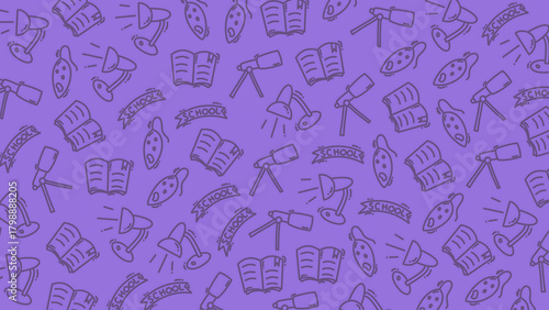 Purple Education Doodle Pattern Background with Books Lamps and Telescopes