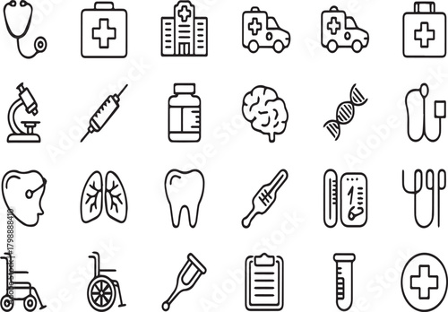 Collection of black outline medical and healthcare icons on white background medical icons