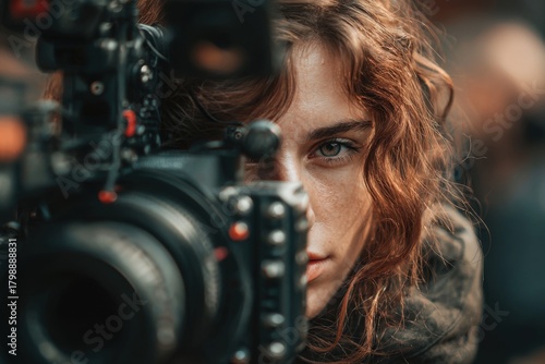 Experienced video operator captures stunning visuals with a realistic camera in creative environment during a vibrant filming session
