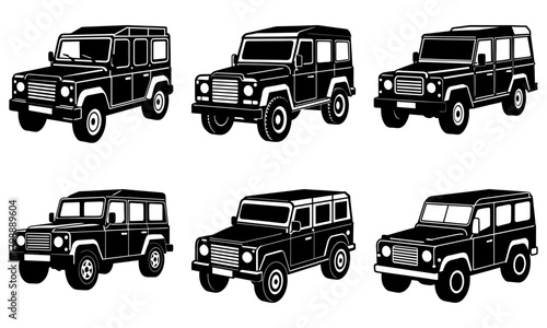 Six black and white land rover defender illustrations arranged in two rows on a white background