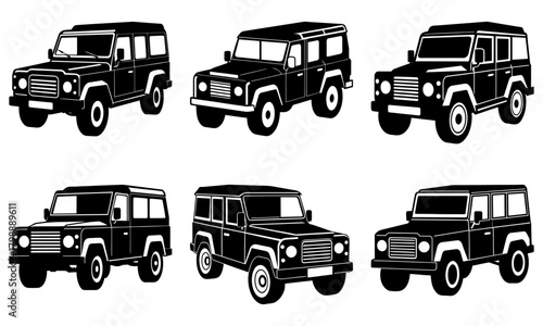Six black and white land rover defender illustrations in various angles and perspectives shown together