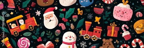 christmas vector pattern with santa toys train and candy caness illustration