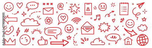 Emoji media hand drawn doodle icon set. Internet conversation, media outline tech emoji, star, arrow shape. Hand drawn sketch chat emoticon, digital cloud, smile face elements. Vector illustration