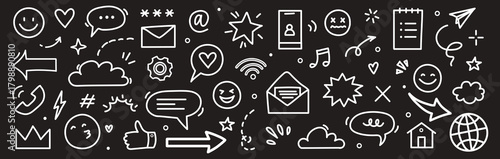 Emoji media hand drawn doodle icon set. Internet conversation, media outline tech emoji, star, arrow shape. Hand drawn sketch chat emoticon, digital cloud, smile face elements. Vector illustration