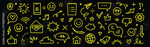 Emoji internet sketch icon set. Internet conversation, media outline tech emoji, star, arrow shape. Hand drawn sketch chat emoticon reaction, digital cloud, smile face elements. Vector illustration 