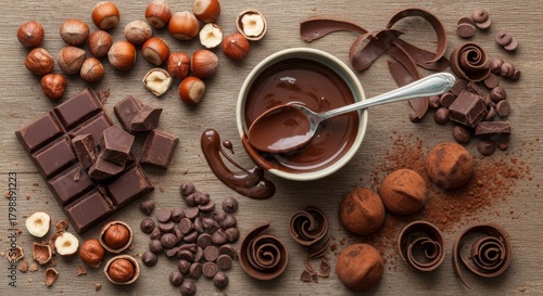 Artisan Chocolate Making Process with Raw Ingredients - Premium Cocoa Nibs, Dark Chocolate Pieces, Hazelnuts, Melted Chocolate in Bowl with Professional Kitchen Tools and Equipment for Homemade Craft 