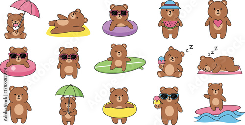 Set of Cute Cartoon Bear Characters on Summer Vacation, Beach and Holiday Vector Illustration.