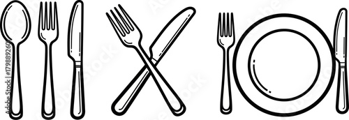 Cutlery Set Icon Collection for Tableware and Dining with Spoon, Fork, Knife, and Plate for Restaurants