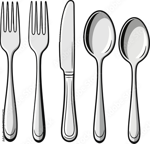 Set of cutlery including forks, knife, and spoons, isolated on white background, illustration
