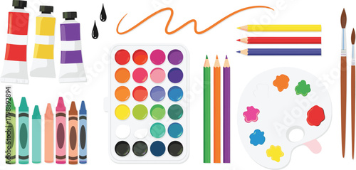 Art and Painting Supplies Vector Set, Watercolor Palette, Brushes, and Crayons Illustration.