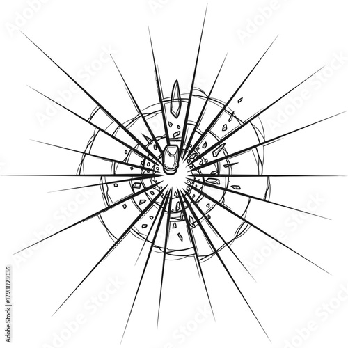 Shattered glass effect with sharp cracks radiating outward in a dynamic burst pattern