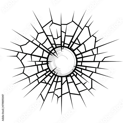 Cracked glass effect with shattered fragments radiating from a central impact point