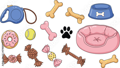 Cute Dog Accessories and Toys Vector Set, Pet Food, Bed, Leash, and Bone Illustration.