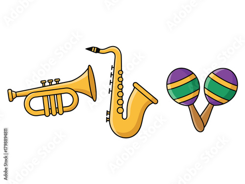A cartoon illustration of a trumpet, saxophone, and a pair of maracas isolated on a white background.