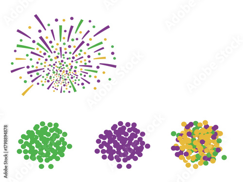 Mardi Gras celebration elements with fireworks and confetti in purple, green, and gold.