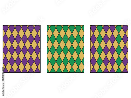 A set of three vertical panels with harlequin diamond patterns in the traditional Mardi Gras colors of purple, green, and gold.