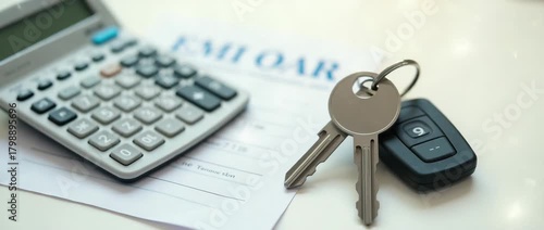 A visually appealing design of a calculator and car keys representing an affordable EMI car loan. This composition emphasizes clarity and provides generous copy space for professional presentations.