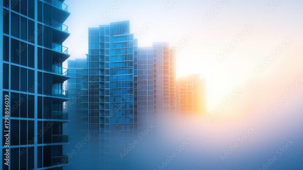 Fototapeta premium Light mist enveloping city buildings at dawn, creating a soft and moody urban morning.