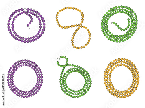 A collection of six Mardi Gras bead necklaces in traditional purple, green, and gold colors, isolated on a white background.
