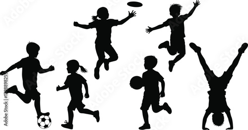 “Active children silhouettes playing sports running jumping throwing ball frisbee handstand outdoor physical activity energetic kids illustration”