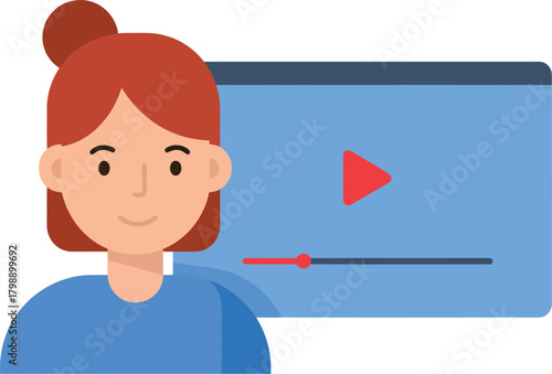 Woman watching online video playback on digital screen learning concept vector