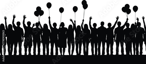 “Large crowd silhouette celebration with balloons raised hands festive group unity joyful people party event illustration”