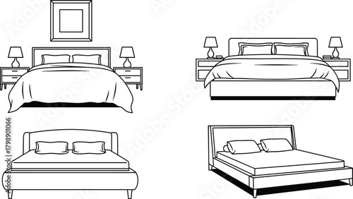 Bed vector illustration set, front and side views, bedroom furniture icons, headboard and pillow details, interior decor line drawing