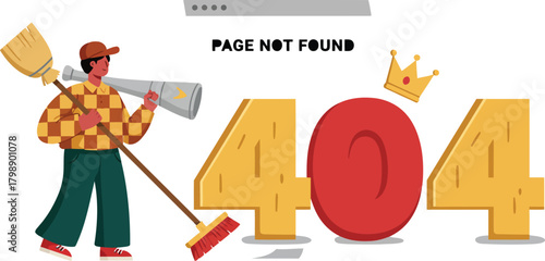 Man cleaning up 404 error page not found creative illustration vector