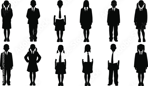 “Silhouette collection of school children in uniform standing in various poses isolated on white background for education themes”