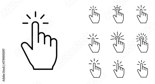 Outline illustration of a hand with finger touching or clicking with radiant effect, concept for user interface design, website navigation and interactive application
