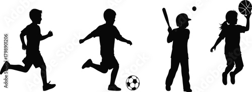 “Silhouette of active children playing multiple sports running soccer baseball basketball athletic kids outdoor physical activity illustration”