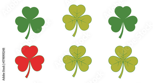 Set of six shamrock illustrations in green and red colors on a white background, concept for St Patrick's Day celebration, irish heritage and lucky charm designs