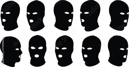 Black ski mask silhouettes, balaclava icon set, vector illustration, front and side views, criminal disguise, flat graphic design