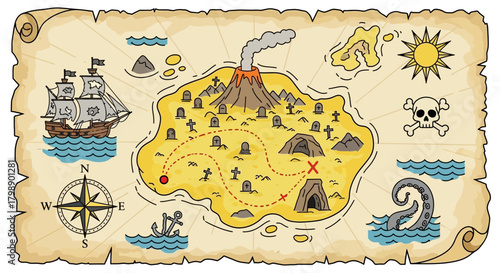 Vintage treasure map illustration with pirate ship and skull on old parchment paper texture. Concept for adventure games, mystery solving and fantasy stories