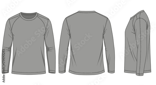 Grey long sleeve t-shirt technical drawing viewed from front back and side, concept for fashion design template, sportswear mock up and casual wear illustration