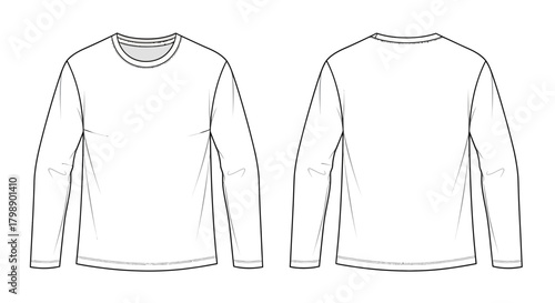 Outline drawing of a long-sleeved t-shirt, showcasing both the front and back views, concept for fashion design, apparel mockups and textile illustration