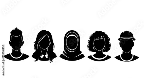 Diverse group of silhouetted avatars showcasing varied hairstyles and headwear, concept for social media profile, user interface design and team representation