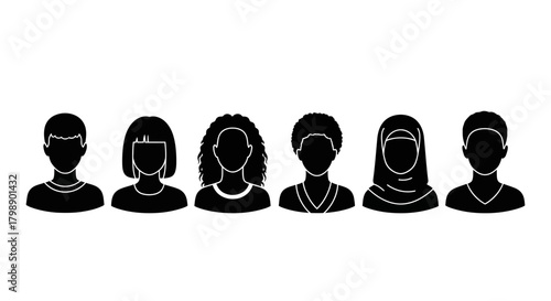 Diverse group of people silhouette in black and white avatar style, concept for social media platform, team representation and community diversity