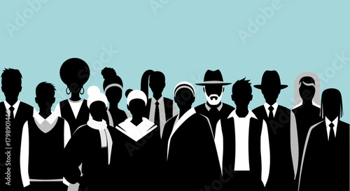 Diverse group of people silhouettes in black against a blue background, concept for business team illustration, corporate diversity and public gathering representation
