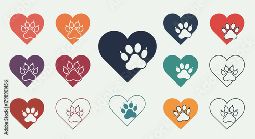 Collection of colorful hearts with paw prints inside on a plain background, concept for veterinary clinic, animal shelter and pet adoption