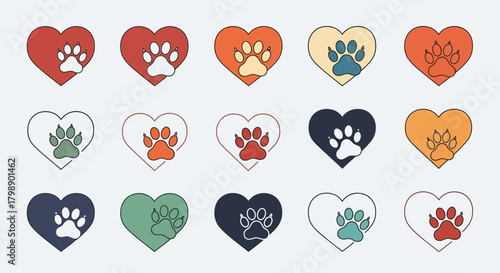 Collection of heart shapes with paw prints, featuring diverse colors and outlines, concept for animal adoption, pet health awareness and veterinary services