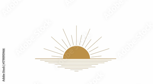 Minimalist golden sun rising over water, depicted with radiating lines above and horizontal waves below, concept for travel logo, wellness emblem and sunrise yoga studio